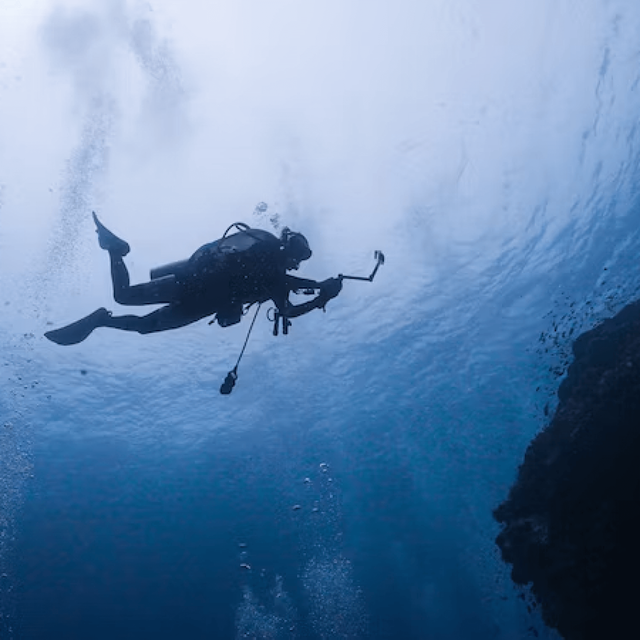 An open water diver swimming under the
ocean close to some coral.